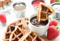 Churro Waffles with Chocolate, Strawberry & Caramel Dips