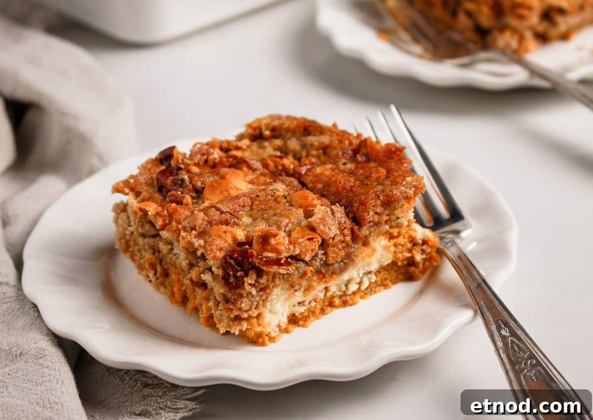 Pumpkin Pecan Dump Cake Recipe — Quick Fall Dessert with Pecans 11 Slice of pumpkin pecan dump cake on a plate.
