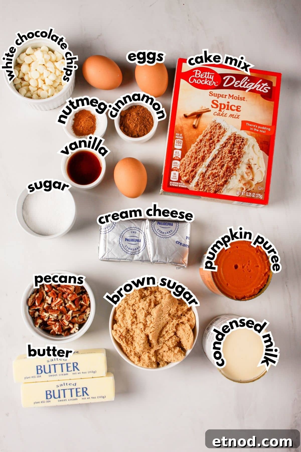 Pumpkin Pecan Dump Cake Recipe — Quick Fall Dessert with Pecans 4 Bowls of ingredients labelled with text on a counter.