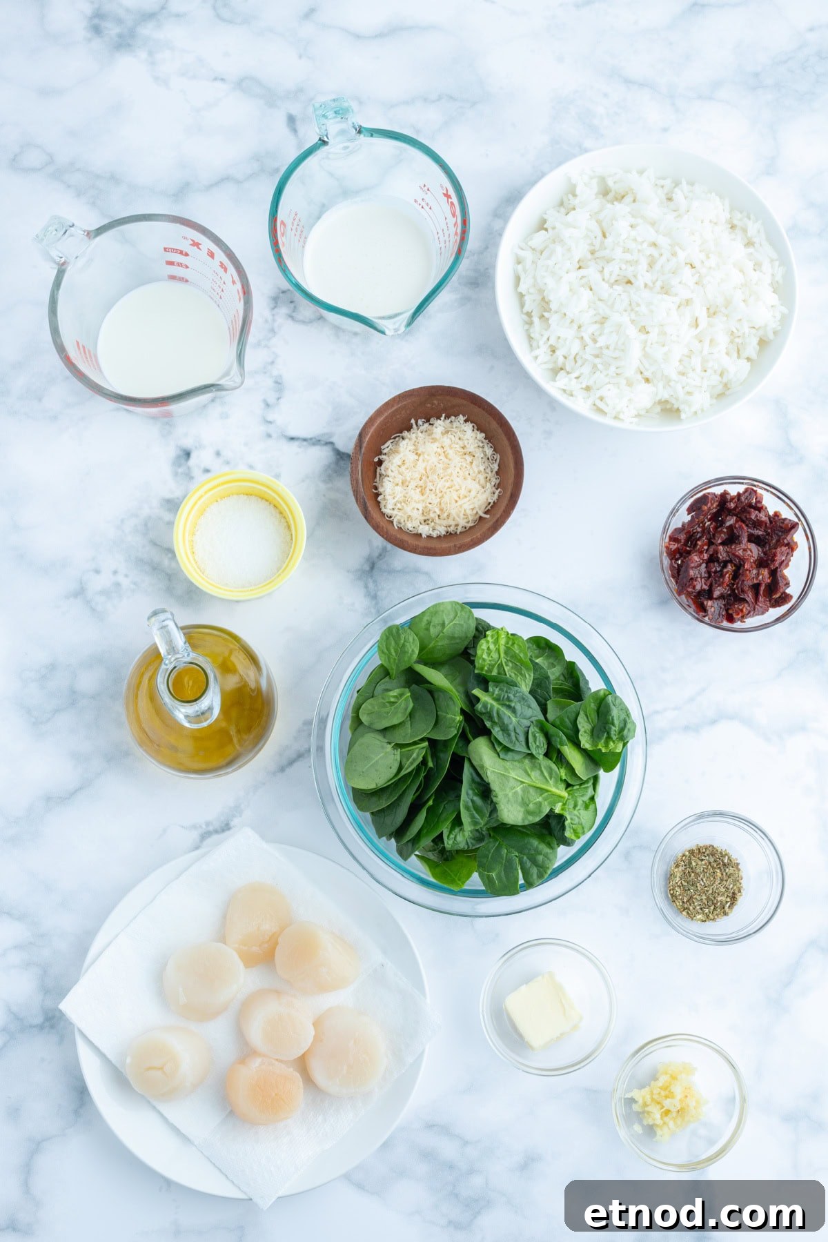 Ingredients for Scallops in Cream Sauce ingredients displayed for making scallops with cream sauce