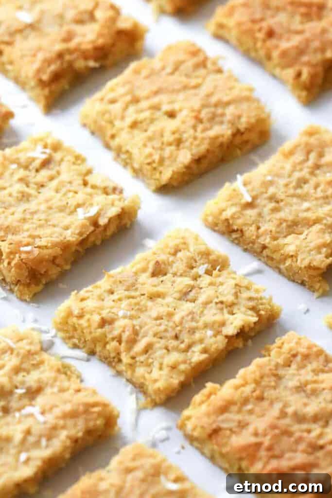 Chewy Coconut Cookie Bars Recipe for Summer Baking 2 Coconut Bar cookies cut into squares and lined up a baking sheet.