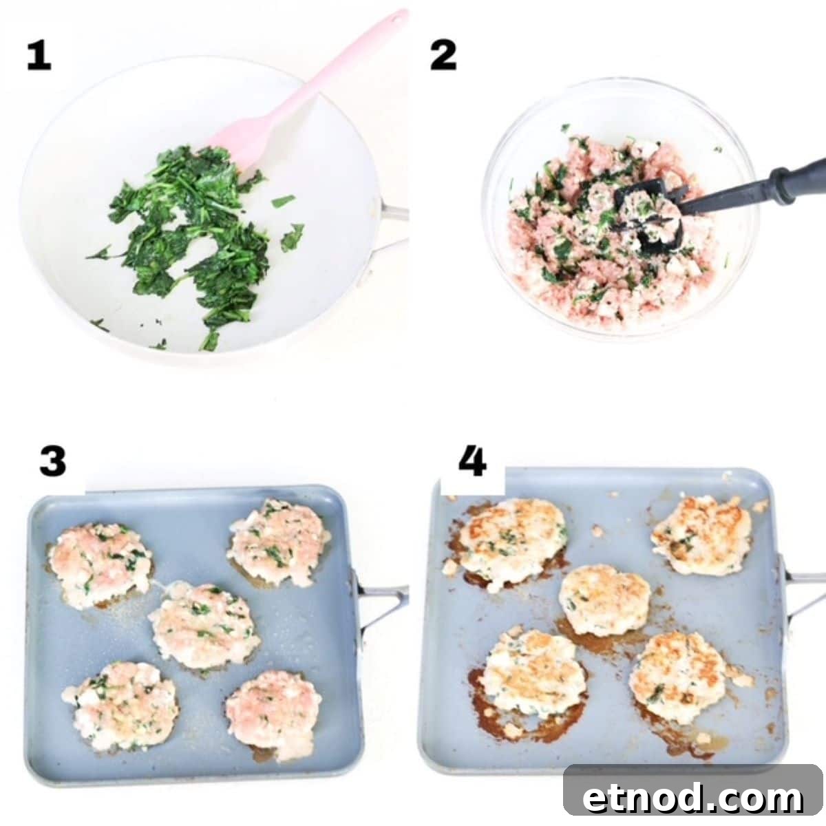 Feta & Spinach Turkey Burgers with Garlic Yogurt Sauce 3 Four numbered images showing how to make spinach and feta turkey burgers.