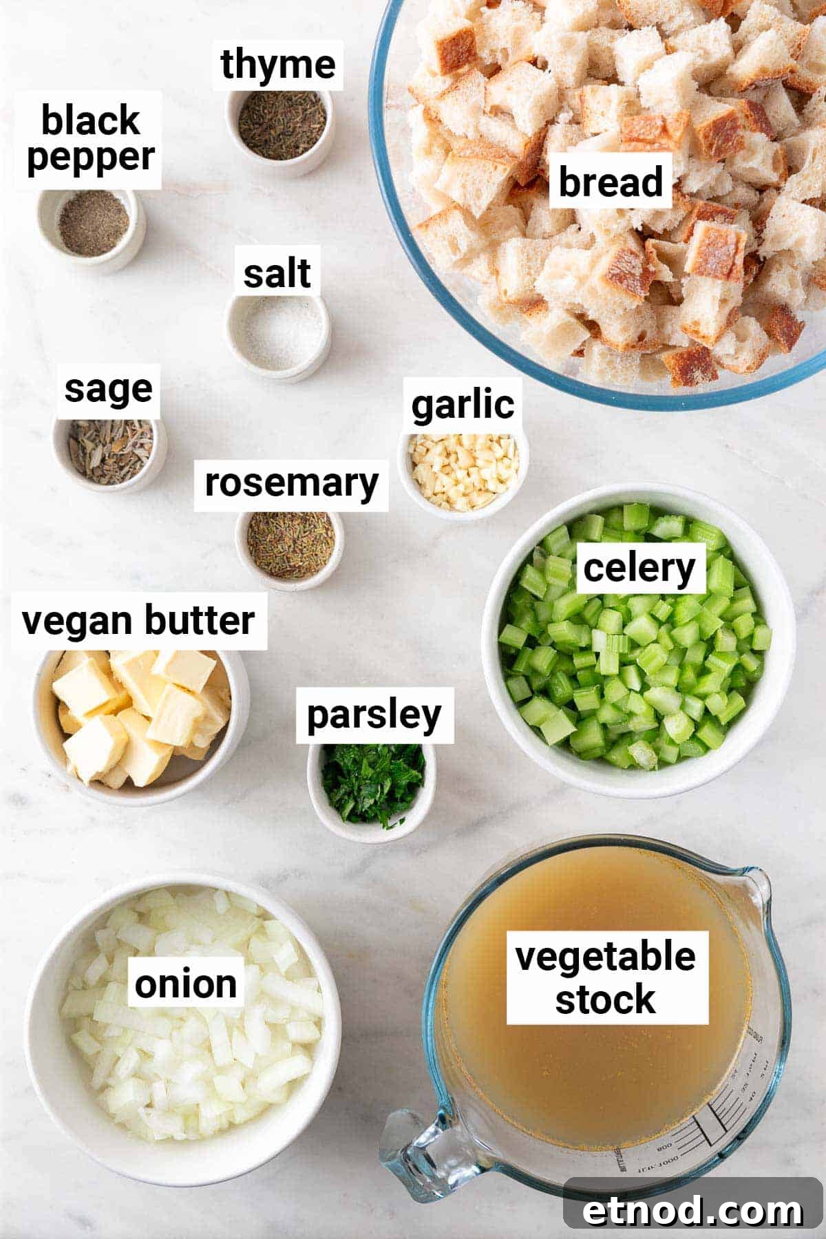 Ingredients needed to make vegan stuffing.