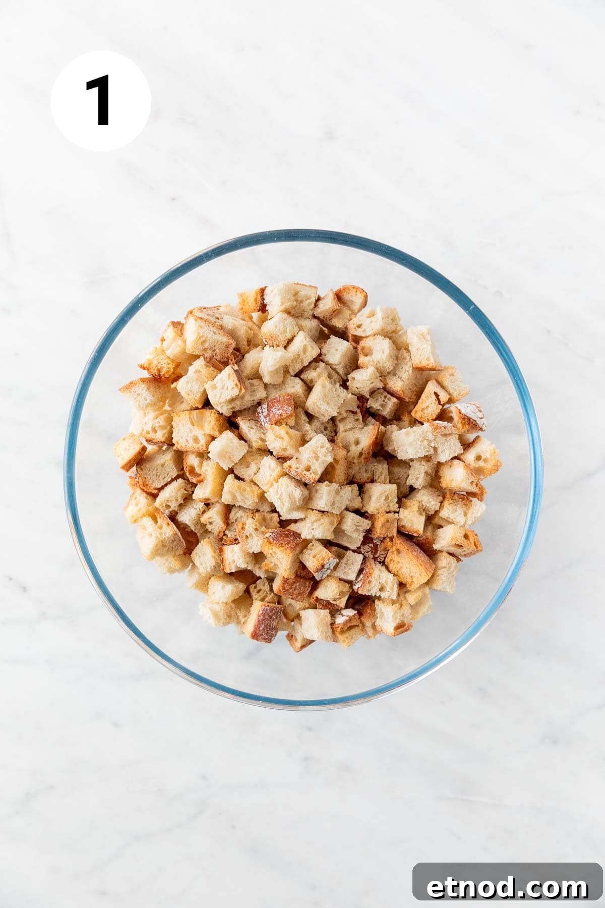 Bread cubes in a bowl.