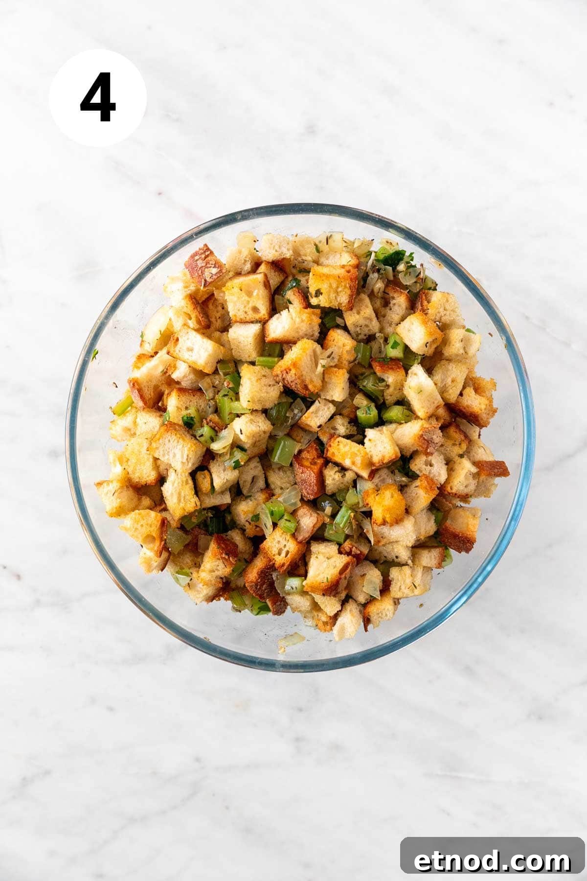 Vegan stuffing in a bowl before adding vegetable stock.