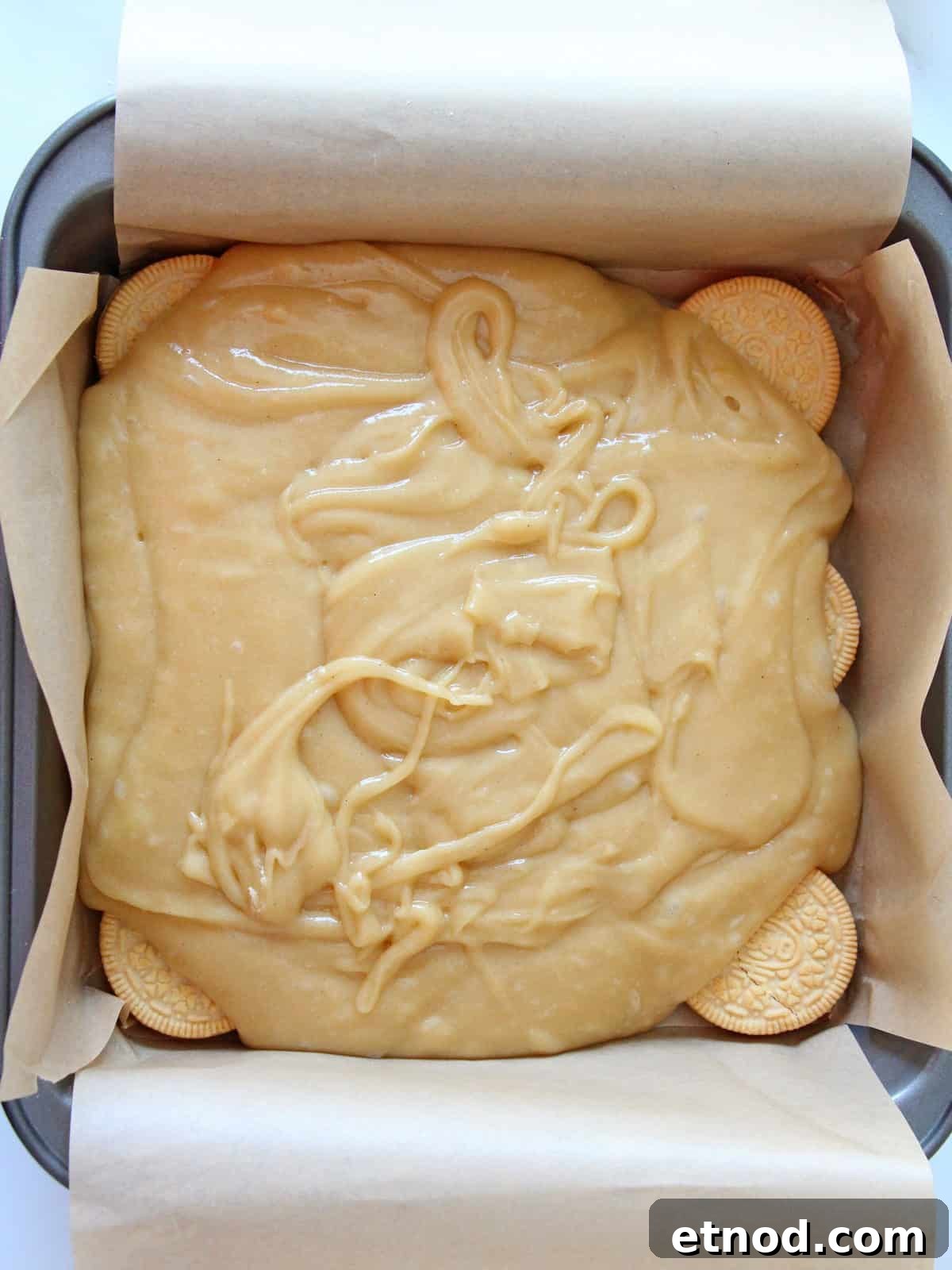 Golden Oreo Blondies Recipe: Chewy Vanilla Oreo Blondies 9 Fresh batter for blondies spread inside pan