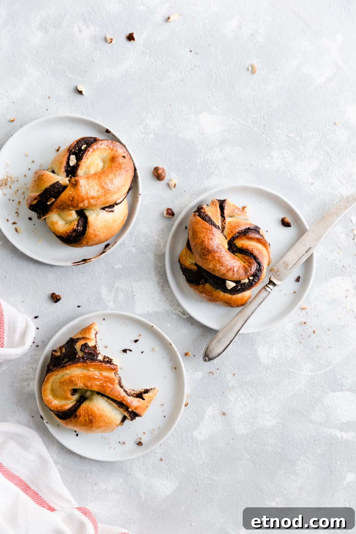 Chocolate Hazelnut Babka Buns Recipe with Gooey Swirls 2 Overhead shot of 3 individual chocolate hazelnut babka buns resting on small white plates