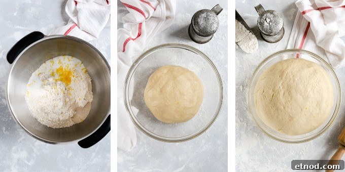 Chocolate Hazelnut Babka Buns Recipe with Gooey Swirls 5 step one- overhead shots of preparing the dough for chocolate hazelnut babka buns,