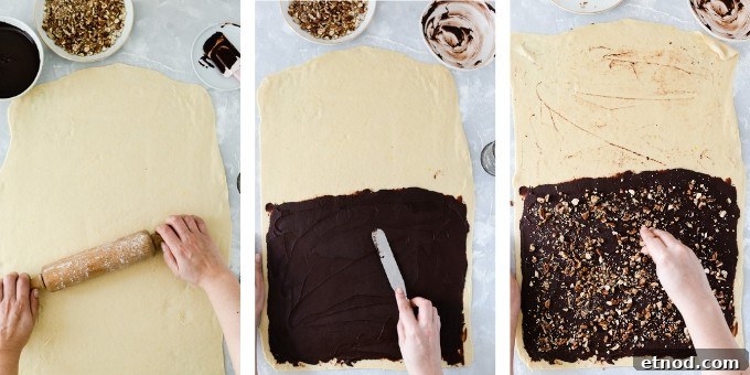 Chocolate Hazelnut Babka Buns Recipe with Gooey Swirls 6 step 2- overhead shots of rolling the dough and spreading the chocolate filling and chopped hazelnuts on top