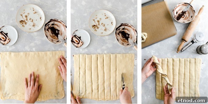 Chocolate Hazelnut Babka Buns Recipe with Gooey Swirls 7 step 3- overhead shots of folding and cutting the dough into thin strips