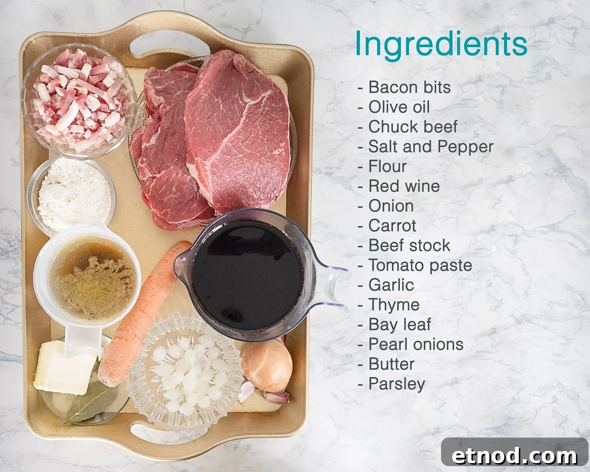 Slow Cooker Beef Bourguignon Without Mushrooms: Tender, Rich Stew 3 Ingredients Slow Cooker Beef Bourguignon without mushrooms on a golden tray to the left, to the right a text list with ingredients