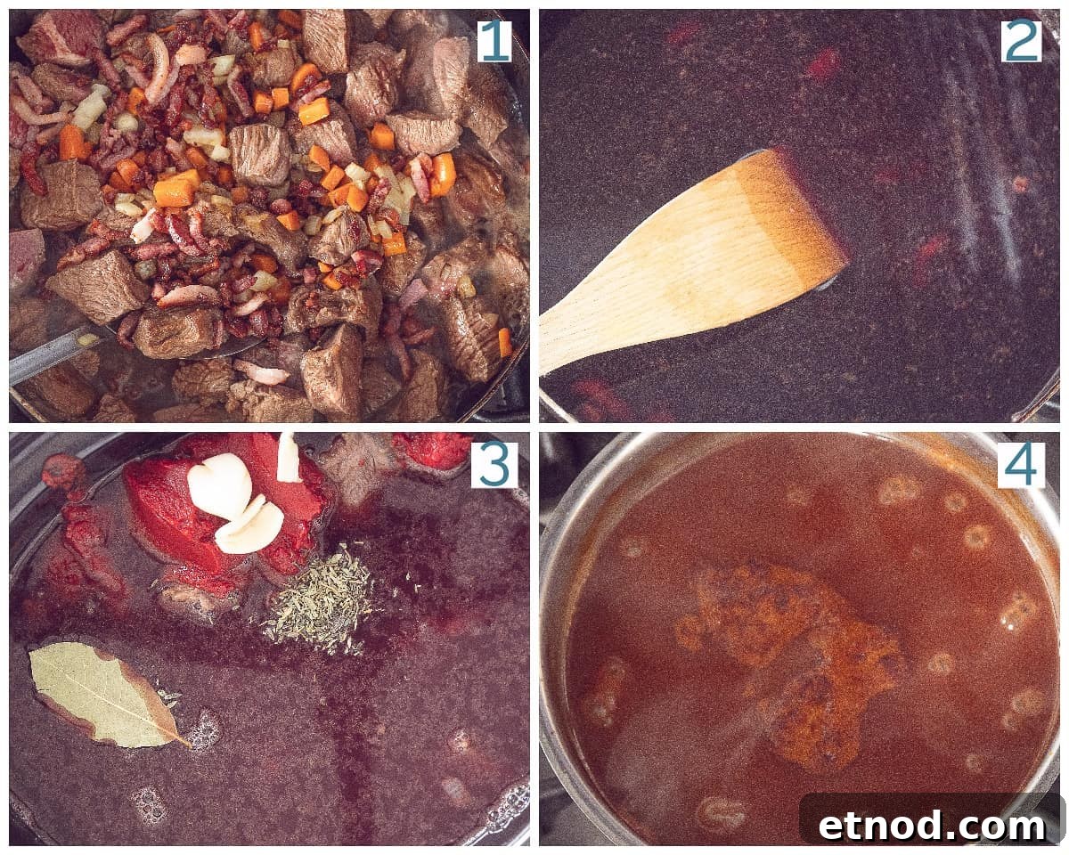 Slow Cooker Beef Bourguignon Without Mushrooms: Tender, Rich Stew 4 Collage 4 photos preparation Boeuf Bourguignon from the Slow cooker