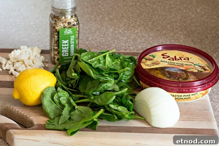 Spinach and Feta Hummus Pinwheels: Party Appetizer 3 Collage of ingredients for hummus pinwheels including hummus, Greek seasoning, fresh spinach, onion, lemon and feta cheese.