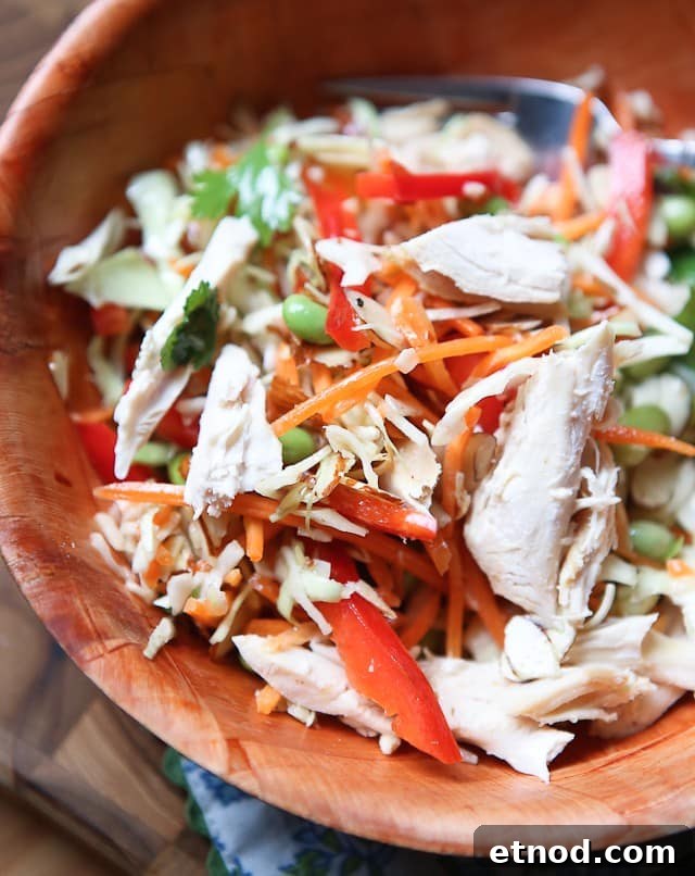 Asian Almond Slaw Salad asian slaw salad of slaw mix, matchstick carrots, red bell pepper, Fisher almonds, edamame, and cilantro in a wooden bowl topped with chicken shreds
