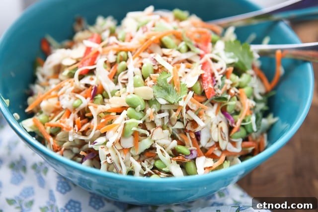 Asian Almond Slaw Salad asian slaw salad of slaw mix, matchstick carrots, red bell pepper, Fisher almonds, edamame, and cilantro in a large blue bowl with utensils resting in the bowl