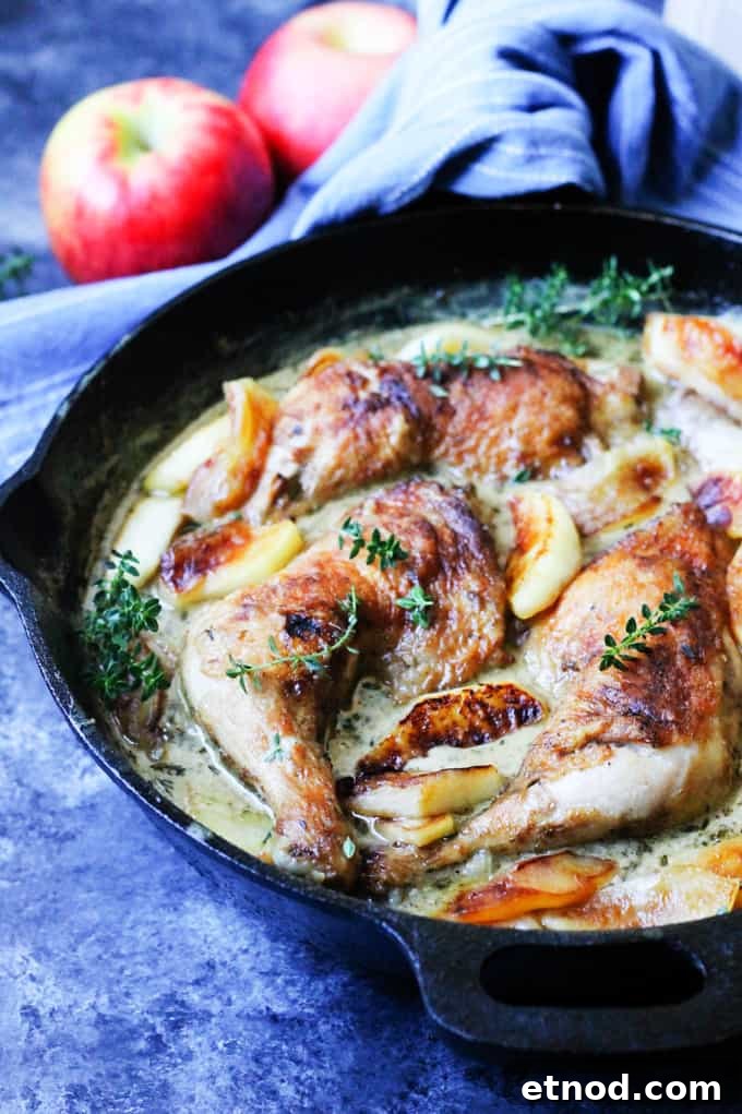 Braised Chicken Normandy with Apple Cider and Brandy 3 Chicken Normandy in a skillet and apples in the back