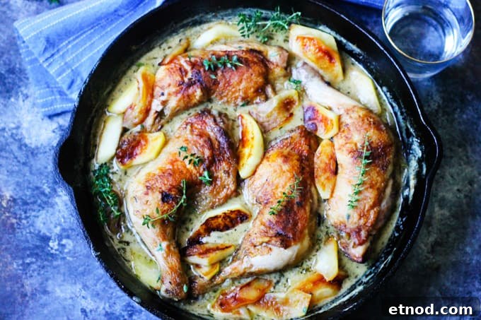 Braised Chicken Normandy with Apple Cider and Brandy 5 Chicken Normandy in a skillet with blue background