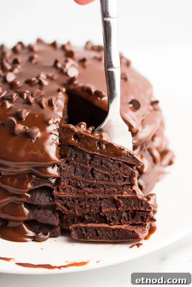 Fluffy Vegan Chocolate Pancakes Recipe for Rich, Dairy-Free Indulgence 4 showing texture of pancakes on a fork