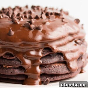square image of stack of chocolate pancakes