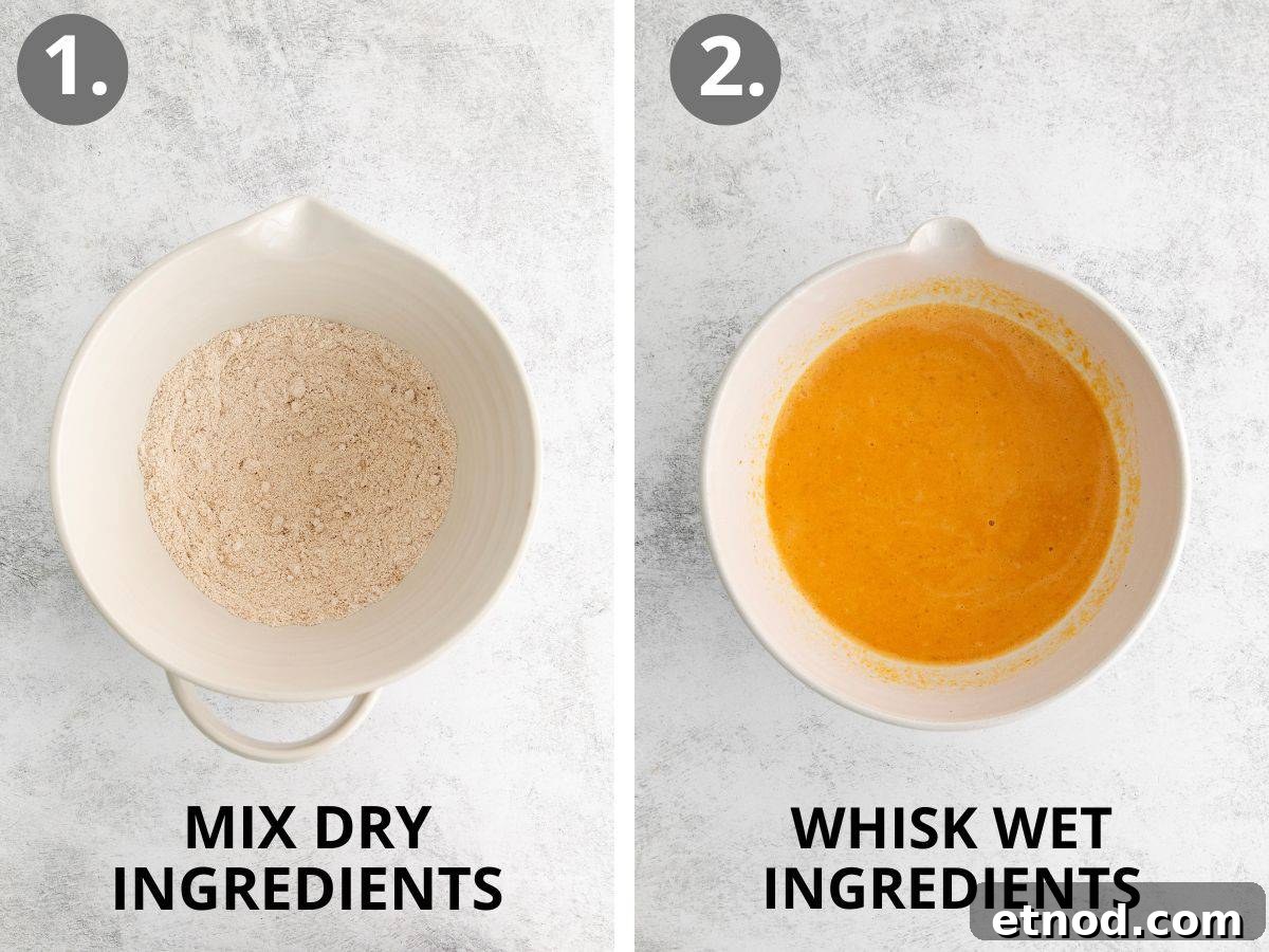 step 1 mix dry ingredients and step 2 whisk wet ingredients.