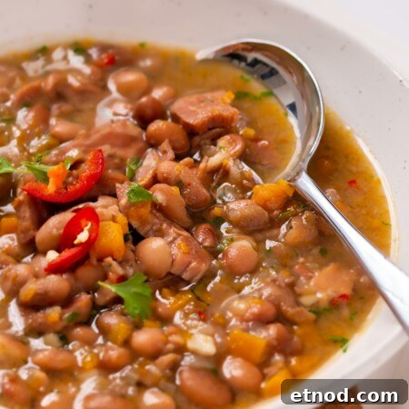 Hearty Instant Pot Bean Soup Recipe for Quick Weeknight Meals 8 A spoon in a bowl of hearty Instant Pot bean soup with diced ham and garnishes.