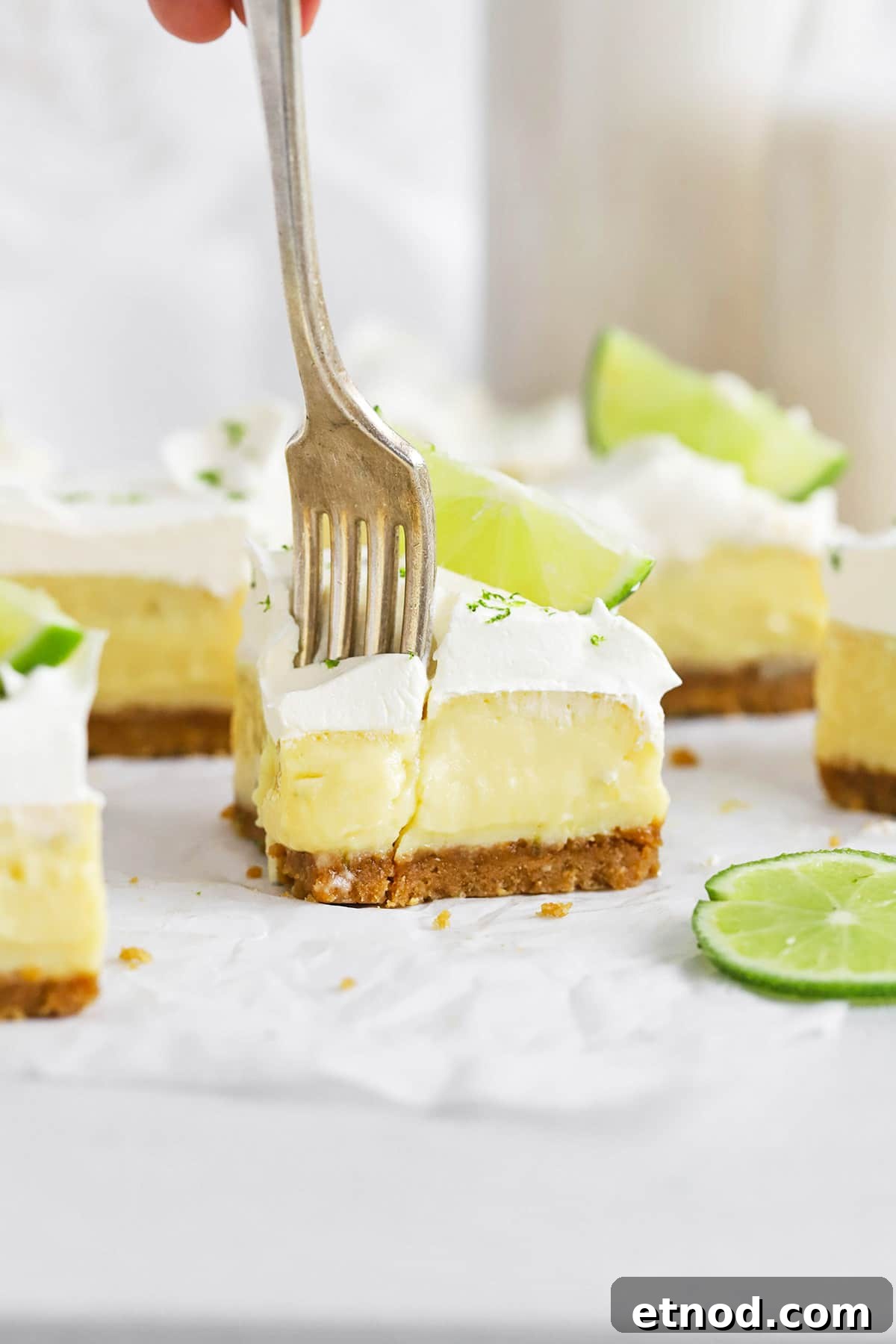 Decadent Peanut Butter Pie (Gluten-Free Recipe) 13 Front view of gluten-free key lime pie bars with graham cracker crust