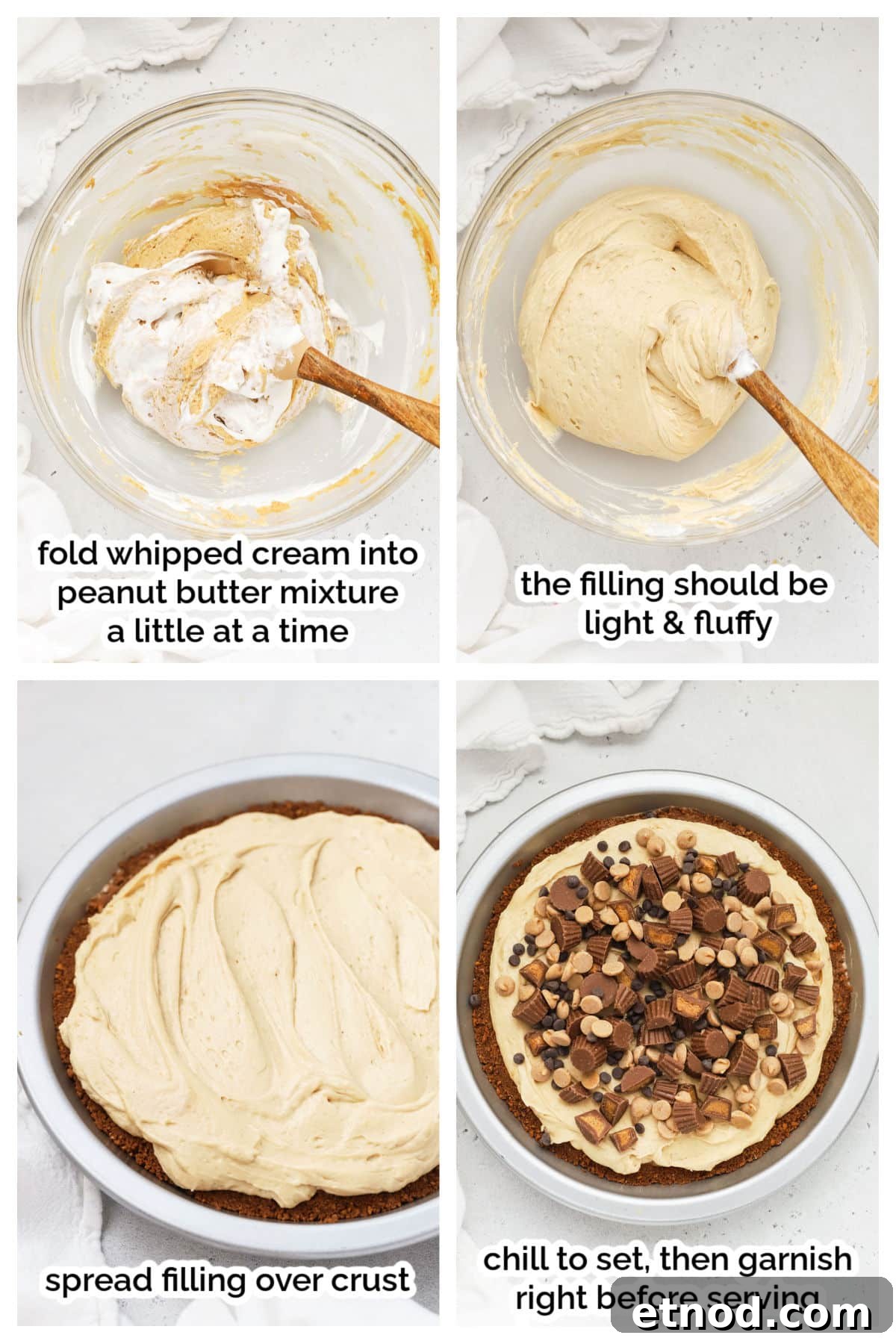 Decadent Peanut Butter Pie (Gluten-Free Recipe) 6 folding whipped cream into peanut butter pie filling and decorating a peanut butter pie