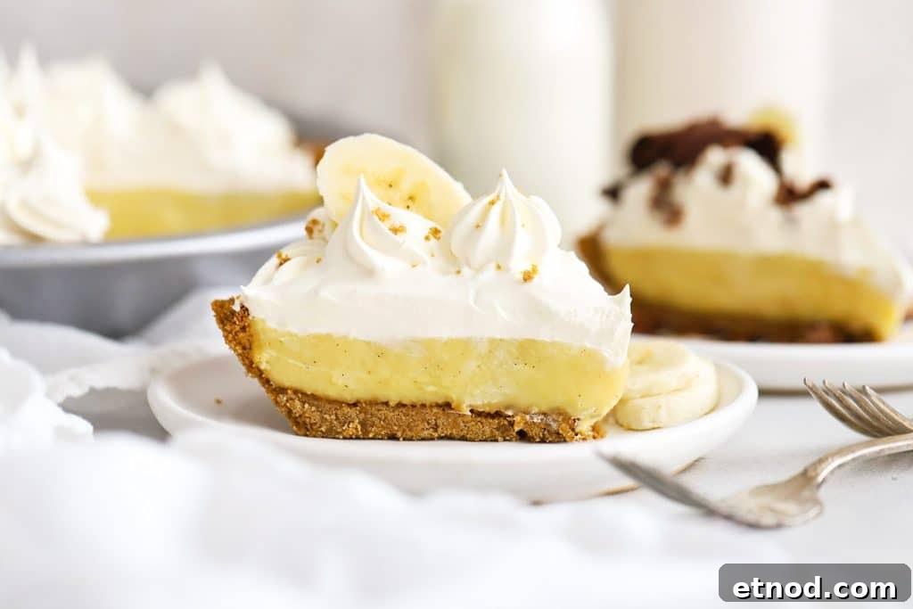 Decadent Peanut Butter Pie (Gluten-Free Recipe) 10 Front view of a slice of gluten-free banana cream pie topped with whipped cream and banana slices