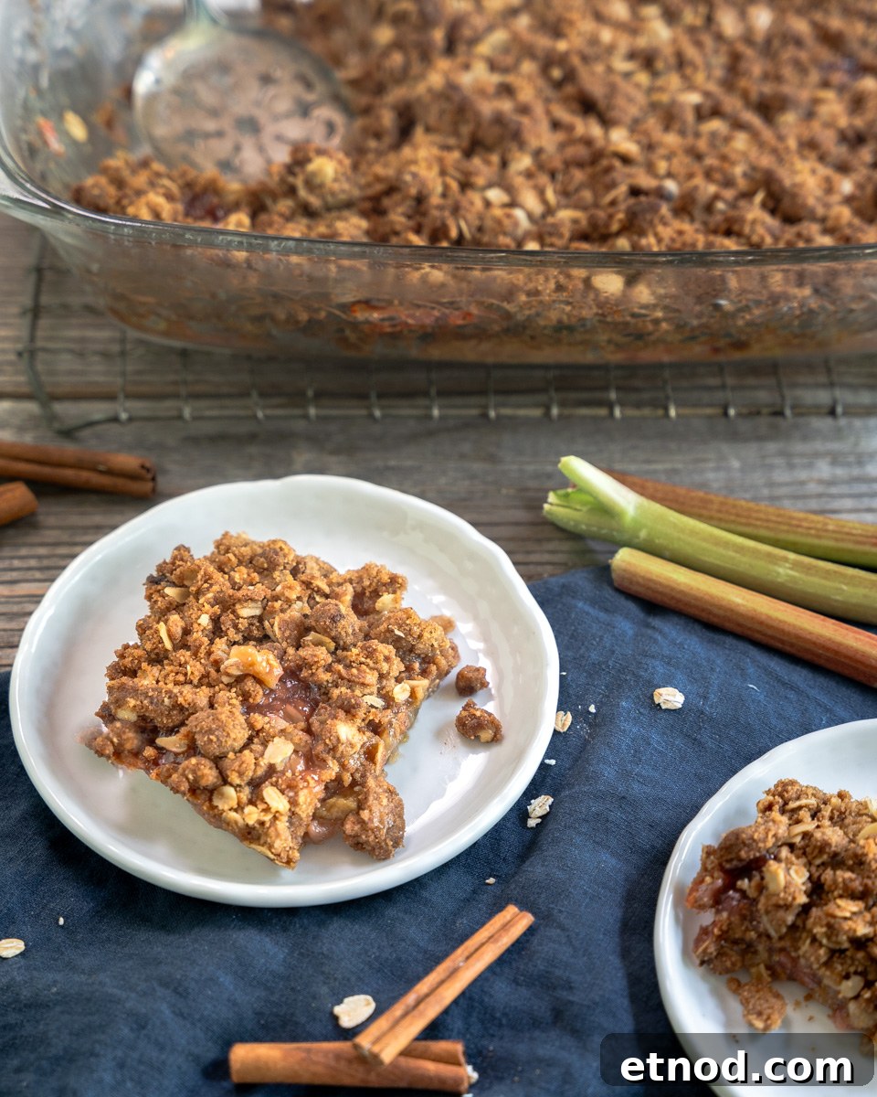 Old-Fashioned Rhubarb Crunch Recipe — Classic Homestyle Dessert 11 Top down angled view of rhubarb crumble bars with oat crisp topping - Hostess At Heart
