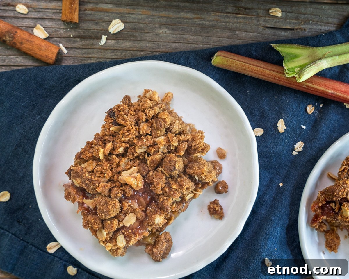 Old-Fashioned Rhubarb Crunch Recipe — Classic Homestyle Dessert 12 Top down view of a serving of rhubarb crunch dessert on a plate - Hostess At Heart