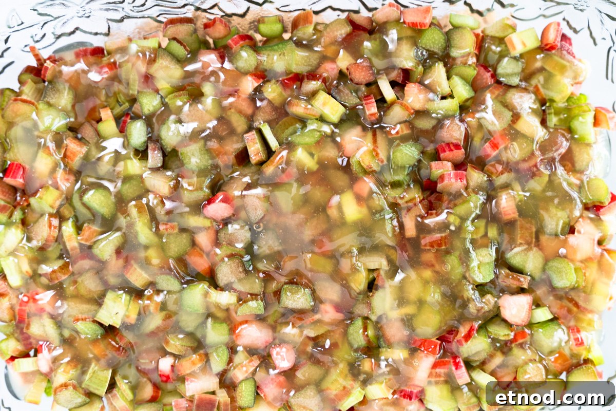 Old-Fashioned Rhubarb Crunch Recipe — Classic Homestyle Dessert 5 Top down view of sliced rhubarb covered with thick syrup for a rhubarb crisp recipie. Hostess At Heart