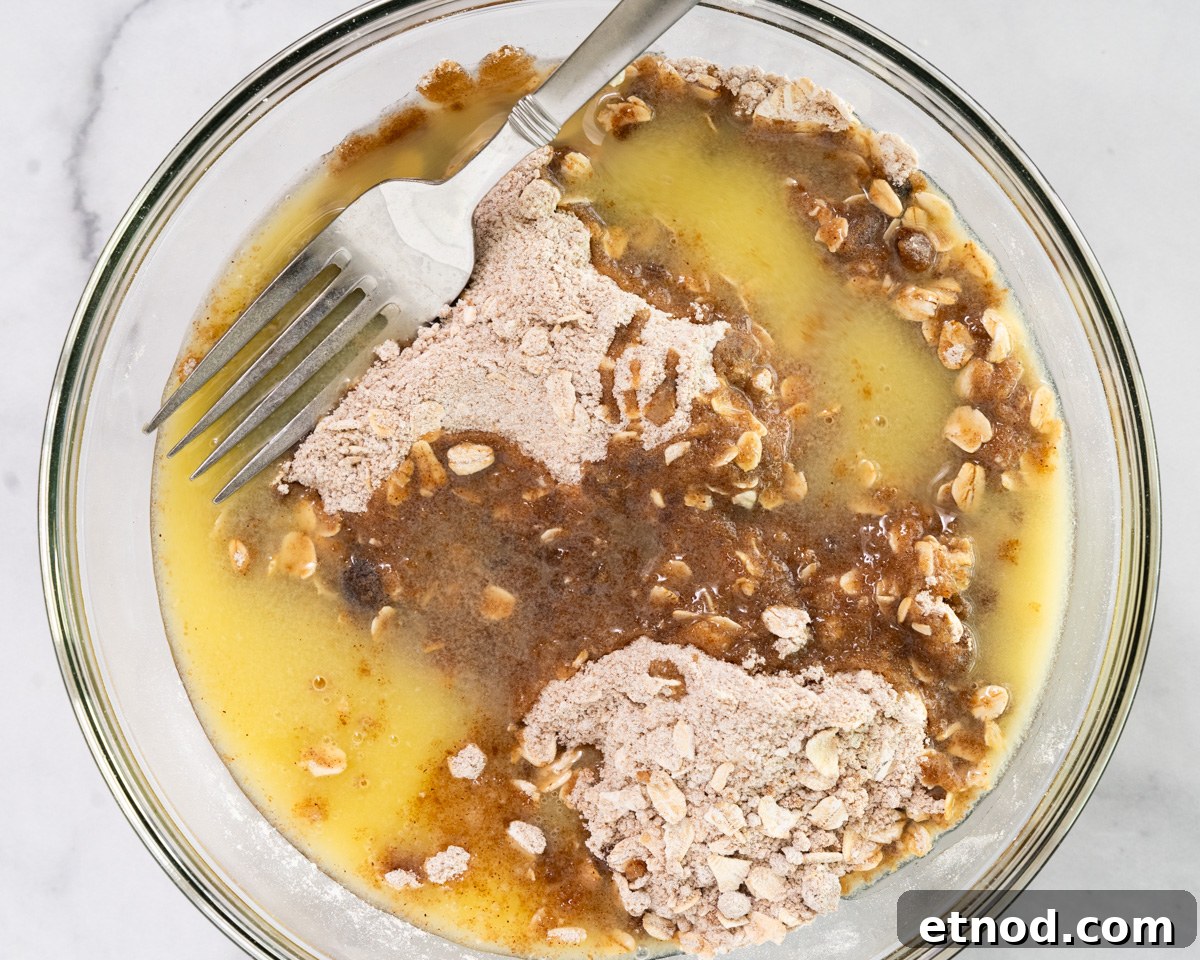 Old-Fashioned Rhubarb Crunch Recipe — Classic Homestyle Dessert 7 Crunch topping ingredients combined with melted butter - Hostess At Heart
