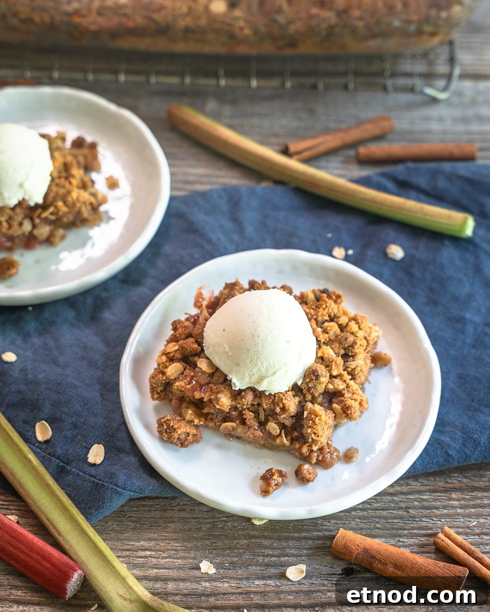 Old-Fashioned Rhubarb Crunch Recipe — Classic Homestyle Dessert 10 Angled biew of two slices of oat streusel topped rhubarb dessert - Hostess At Heart