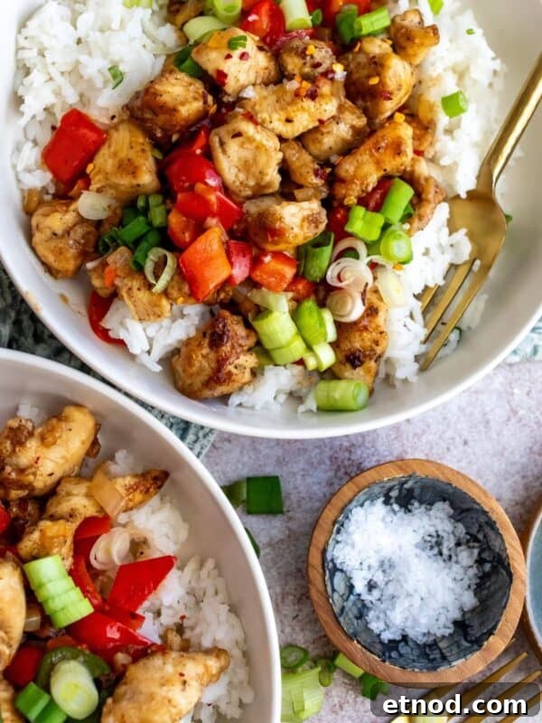 Crispy Chicken with salt and pepper seasonings served over rice with veggies.