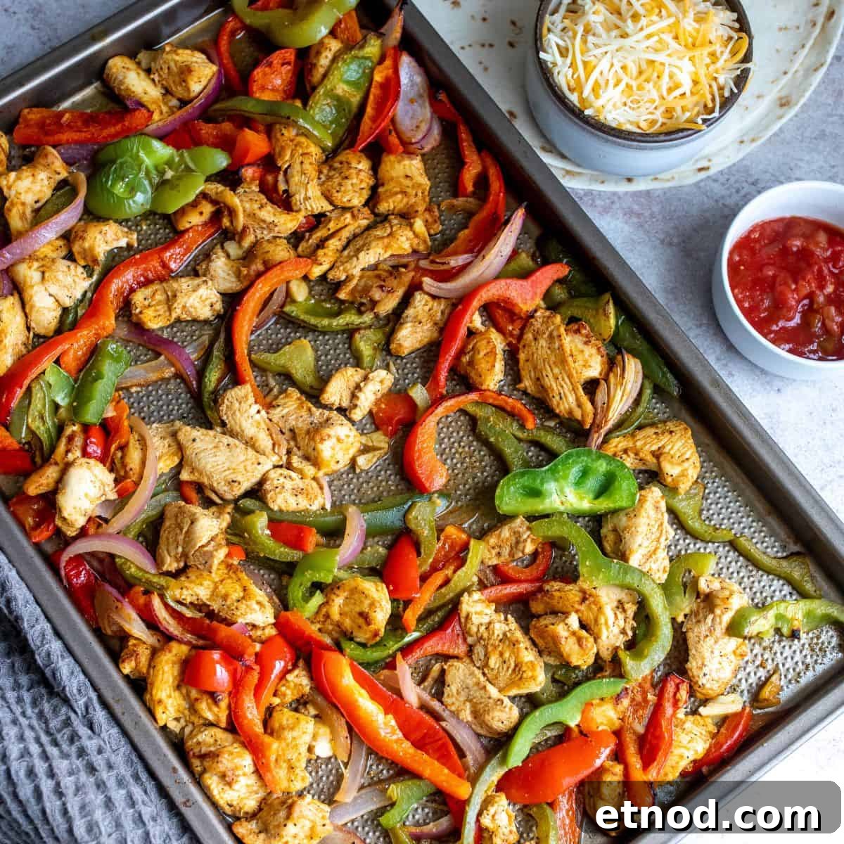 Fajita mix cooked on a sheet pan.