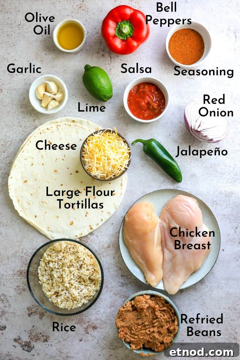 Ingredients to make this wrap on a counter in colored bowls and fresh ingredients.