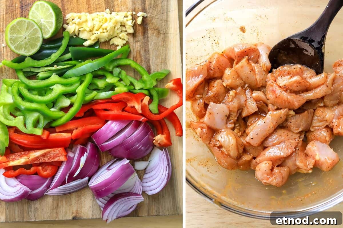 sliced veggies on a cutting board and a bowl of raw chicken marinating.