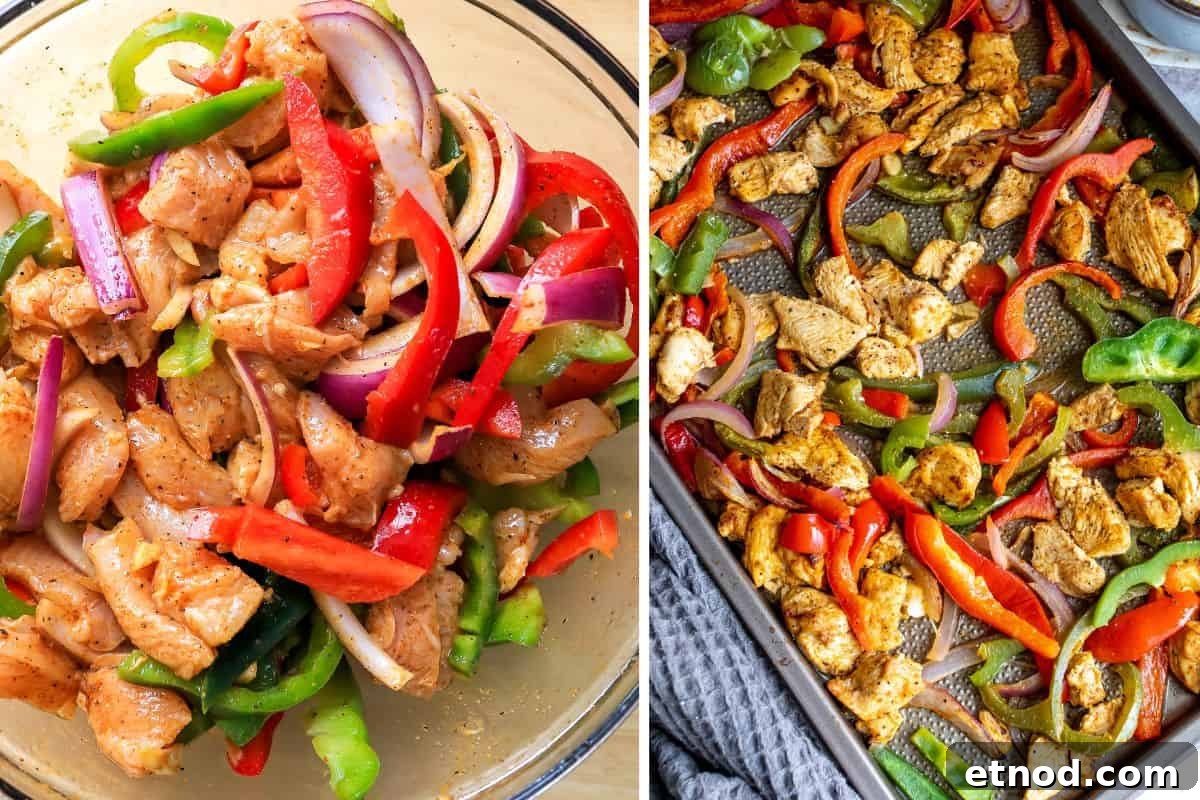 raw ingredients in a bowl and a sheet pan with cooking fajitas.
