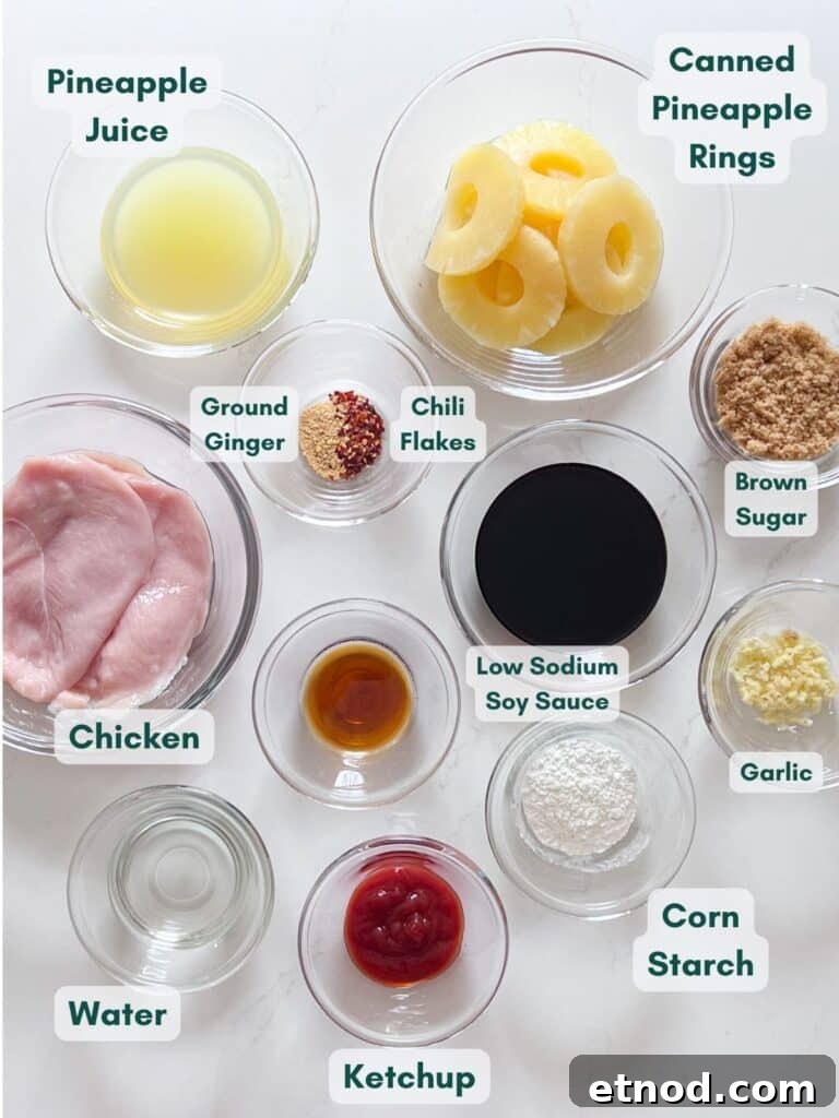 Hawaiian Aloha Chicken Recipe with Pineapple and Teriyaki Glaze 4 All the ingredients for Aloha Chicken in clear bowls.