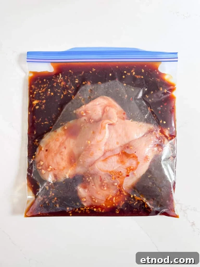 Hawaiian Aloha Chicken Recipe with Pineapple and Teriyaki Glaze 6 Raw chicken breast marinating in a plastic back.