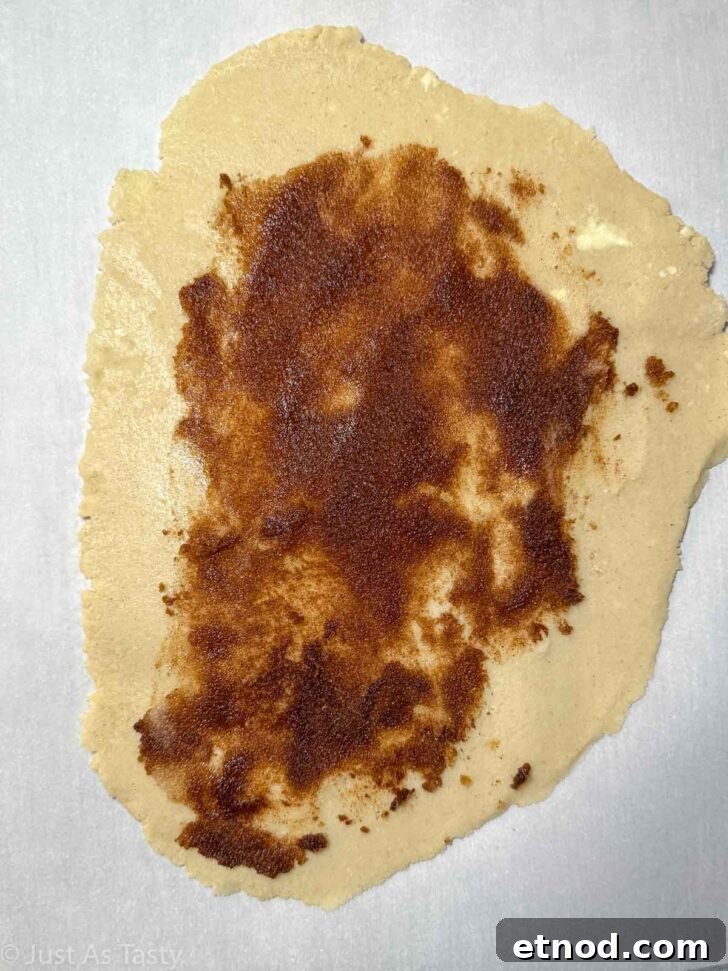 Rolled out cookie dough topped with layer of cinnamon sugar filling.