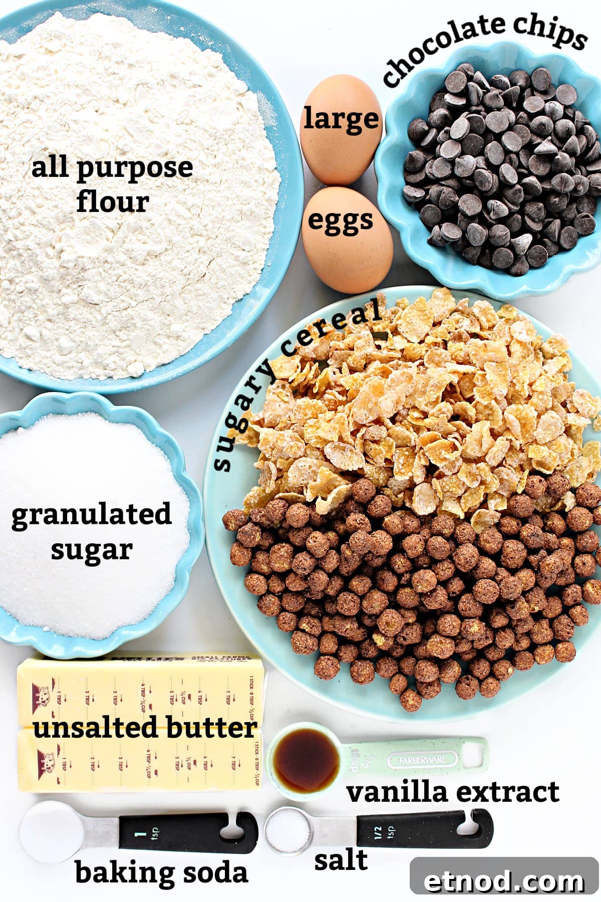 Crunchy Cereal Cookies Recipe: Homemade Crispy Breakfast Treats 2 Ingredients: flour, eggs, chocolate chips, sugar, cereal, butter, vanilla, salt, baking soda.