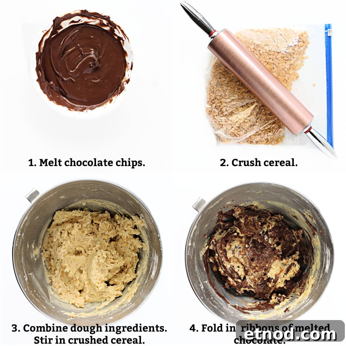 Crunchy Cereal Cookies Recipe: Homemade Crispy Breakfast Treats 3 instructions: melt chips, crush cereal, combine ingredients and crushed cereal, fold in melted chocolate leaving chocolate ribbons.