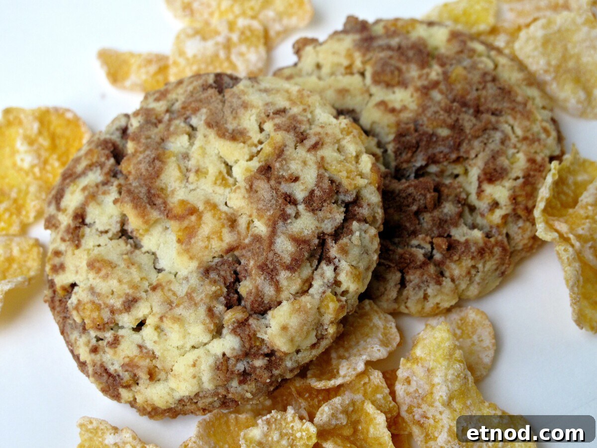 Special Order Cereal Cookies- Captain Crunch? Frosted Flakes? Cocoa Puffs? Customize these cookies with your favorite breakfast cereal! | The Monday Box Closeup of chocolate-vanilla marbled cookies with frosted flakes cereal.