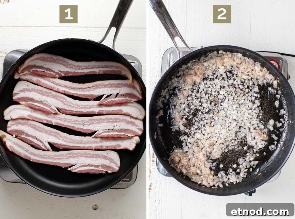 Warm Bacon Vinaigrette Recipe for Salads and Veggies 4 Step 1 shows to cook the bacon, and step 2 shows to fry the shallots in the bacon grease.