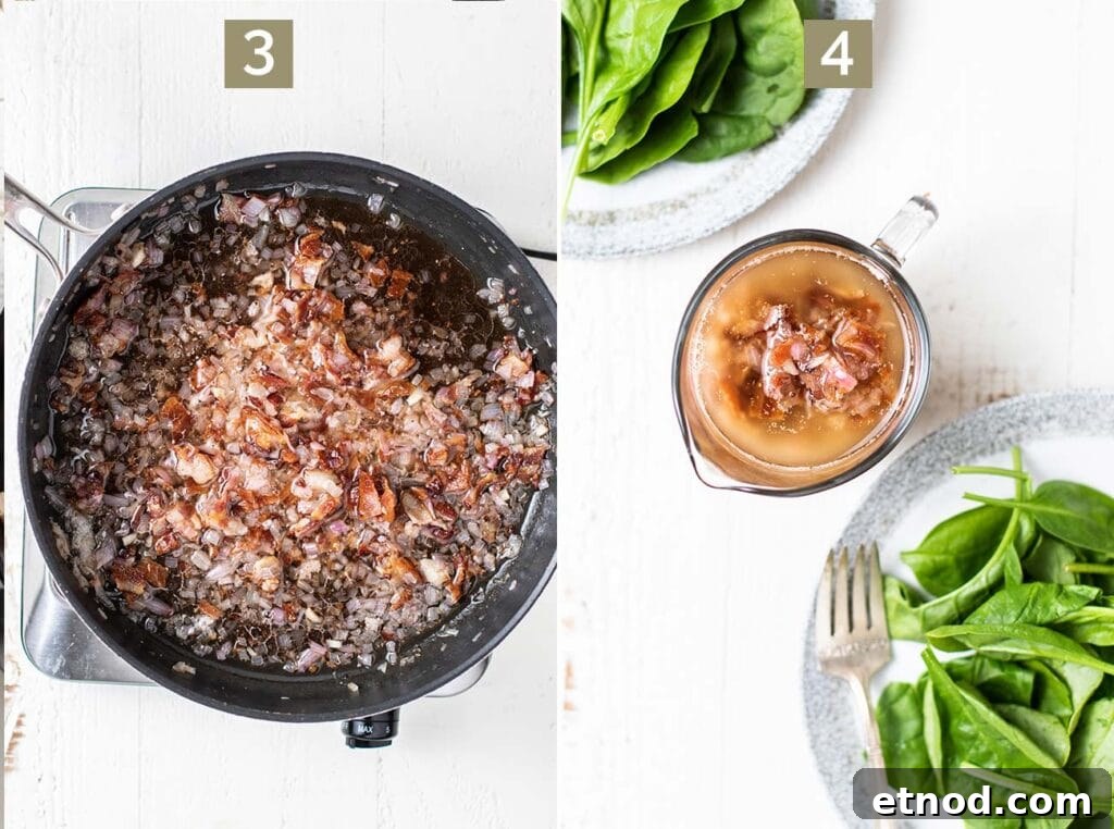 Warm Bacon Vinaigrette Recipe for Salads and Veggies 5 Step 3 shows adding back the cooked bacon along with the seasonings for the dressing, and step 4 shows serving the dressing hot.