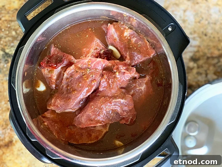 Crispy Instant Pot Carnitas Recipe for Authentic Mexican Flavor 8 Pork butt in instant pot with sauce poured over it.
