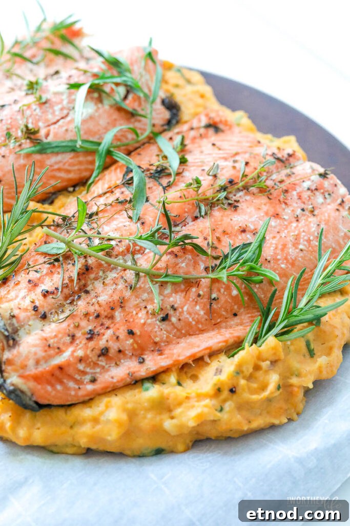 Salmon and Potato Bake: Simple Weeknight Dinner Recipe 2 Hearty potatos paired with savory herb salmon is an easy dinner idea. Try our Salmon Potato Bake Dinner idea made with Savory Yukon Gold & Sweet Potatoes and served with Herb Butter Salmon.