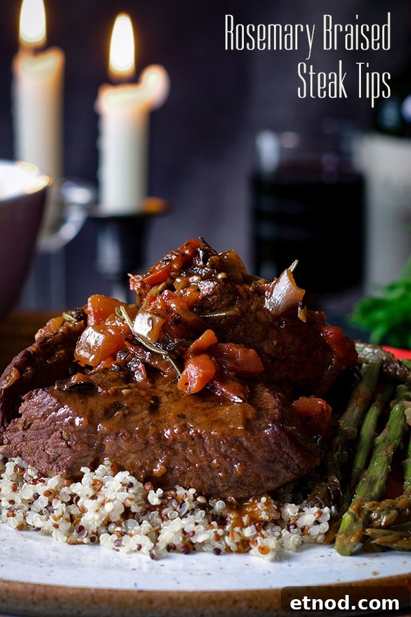 Rosemary-Braised Steak Tips Over Fluffy Quinoa Bowl 2 Rosemary Braised Steak Tips with Quinoa.