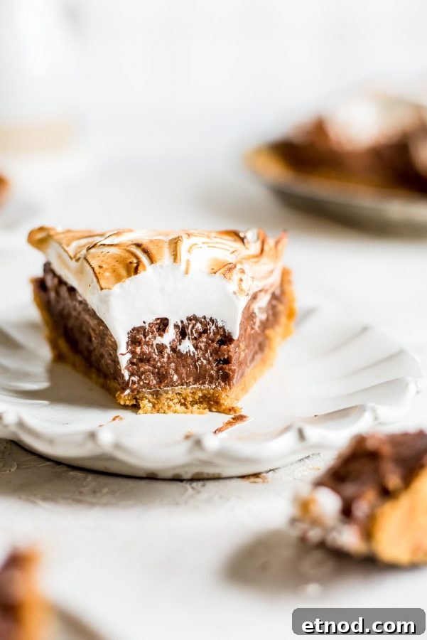 Decadent S'mores Pie Recipe with Chocolate Graham Cracker Crust 5 close up of pie with bite missing showing off layers